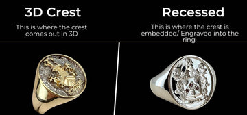 Two types of rings with crests: 3D crest and recessed, on a black background.