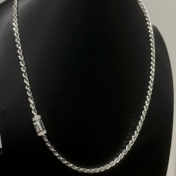 a front shot photo of a custom sterling silver rope chain with a diamond barrel clasp on a black necklace jewellery stand.